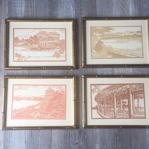 Vintage Japanese Paper-Cut Art. Set of Four Framed